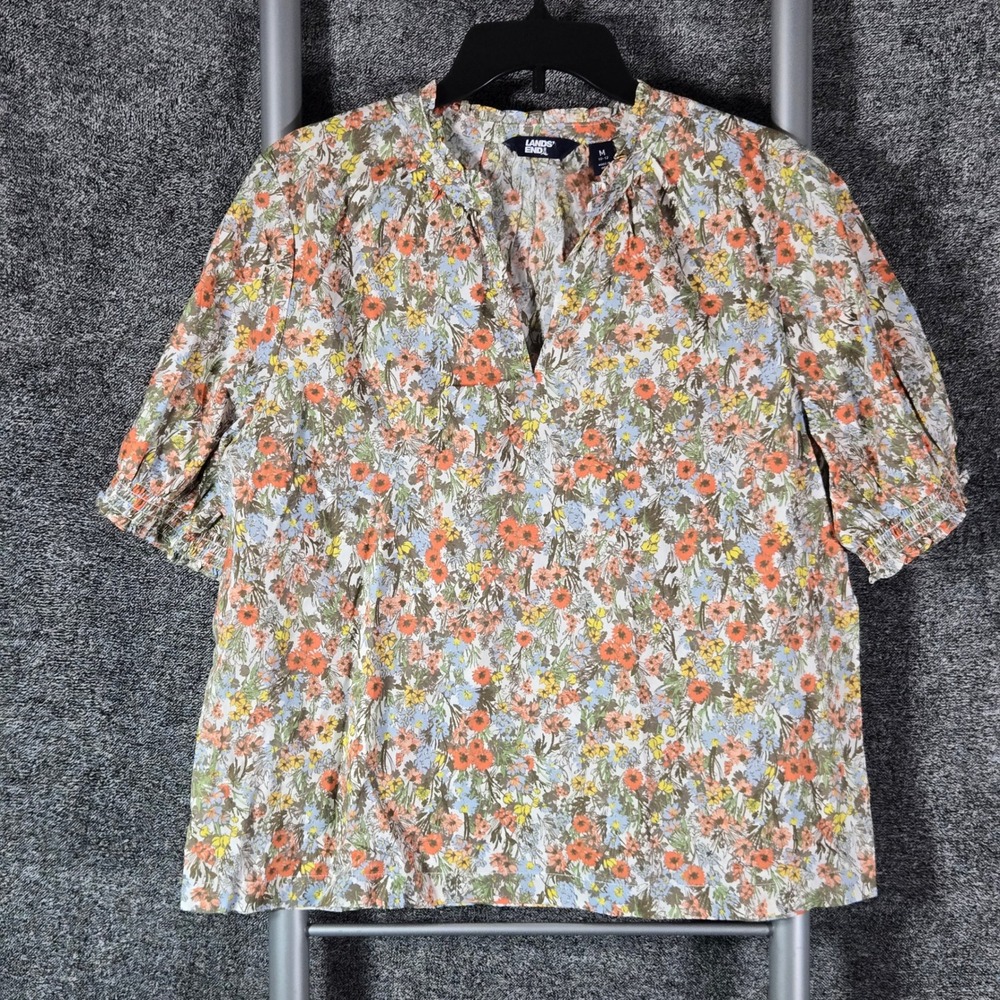 Lands End Womens M 10-12 Floral Cotton Split Neck Puff Sleeve Blouse Multi-Color